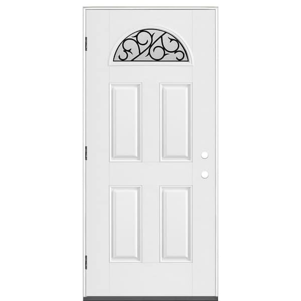 Masonite 36 in. x 80 in. Crescent Ivy Fan Lite Right-Hand Outswing Primed Smooth Fiberglass Prehung Front Door No Brickmold