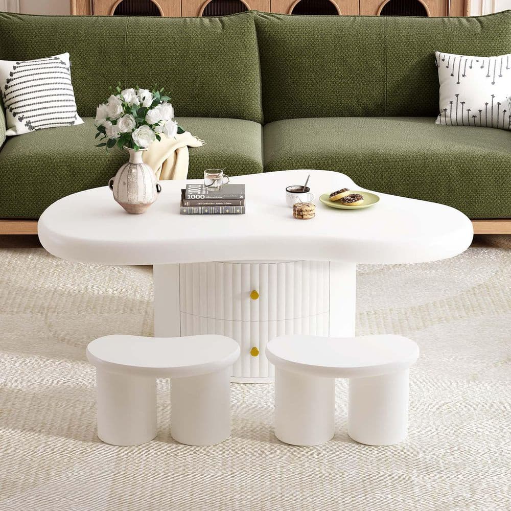 38.2 in. White Oval Cloud MDF Coffee Table Irregular Shape Cocktail Table C