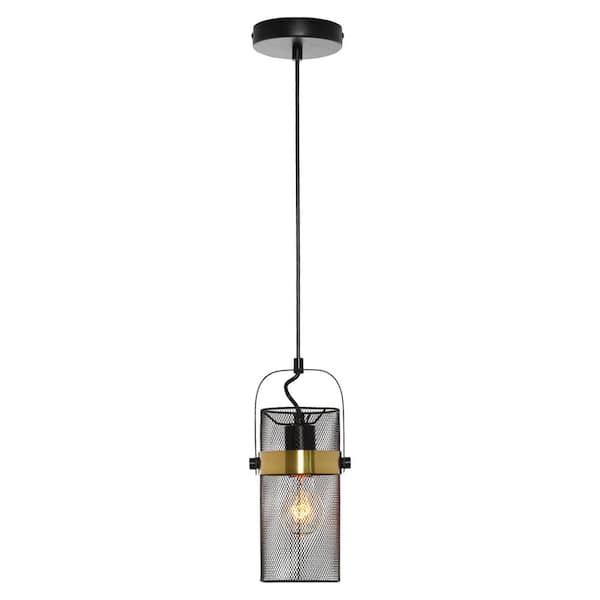 Hodge 5.25 in. 1-Bulb Black Metal Pendant Light with Black Mesh Drum Shade