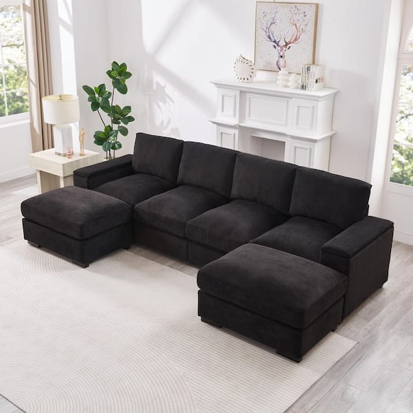 Jaxon Modern 122 in. Storage Square Arms Polyester Upholstery U-Shaped Sectional Sofa in. Black with Ottomans