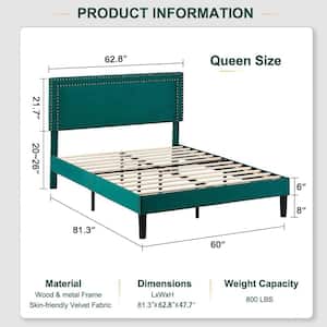 Upholstered Bed with Adjustable Headboard, No Box Spring Needed Platform Bed Frame, Bed Frame Green Queen Bed