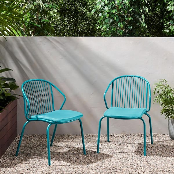 Noble House Boston Matte Teal Removable Cushions Metal Outdoor Patio Club Chair with Teal Cushions (2-Pack)