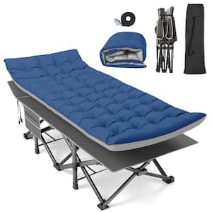 31.5 in. Outdoor Heavy Duty Folding Camping Cot with Carry Bag Portable Sleeping Camping Cot, Gray Bed+Blue Gray Pad