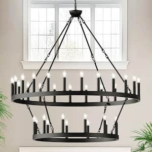 48 in. 36-Light Black Extra-Large Farmhouse Wagon Wheel Chandeliers, 2-Tier Lighting for Dining Room Kitchen Island