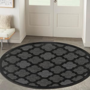 Easy Care Charcoal Black 5 ft. x 5 ft. Trellis Contemporary Round Area Rug