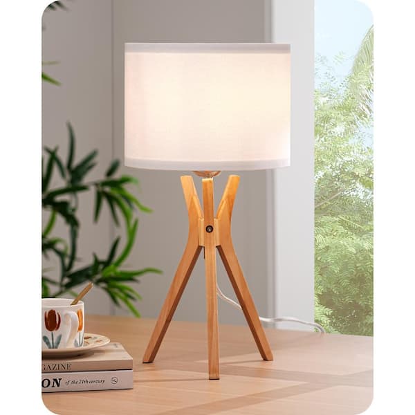 EDISHINE 17.5 in. Natural Wooden Tripod Transitional Table Lamp with Fabric White Shade