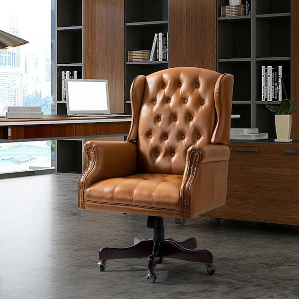 Tufted Brown Leather Adjustable Executive Office Chair- Casters
