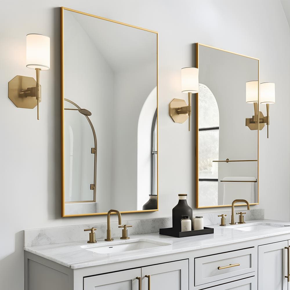 26 in. W x 38 in. H Rectangular Metal Framed Bathroom Wall Mirror in Gold 2
