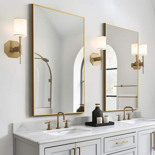 Lirago 26 in. W x 38 in. H Rectangular Metal Framed Bathroom Wall Mirror in Gold 2-Pieces