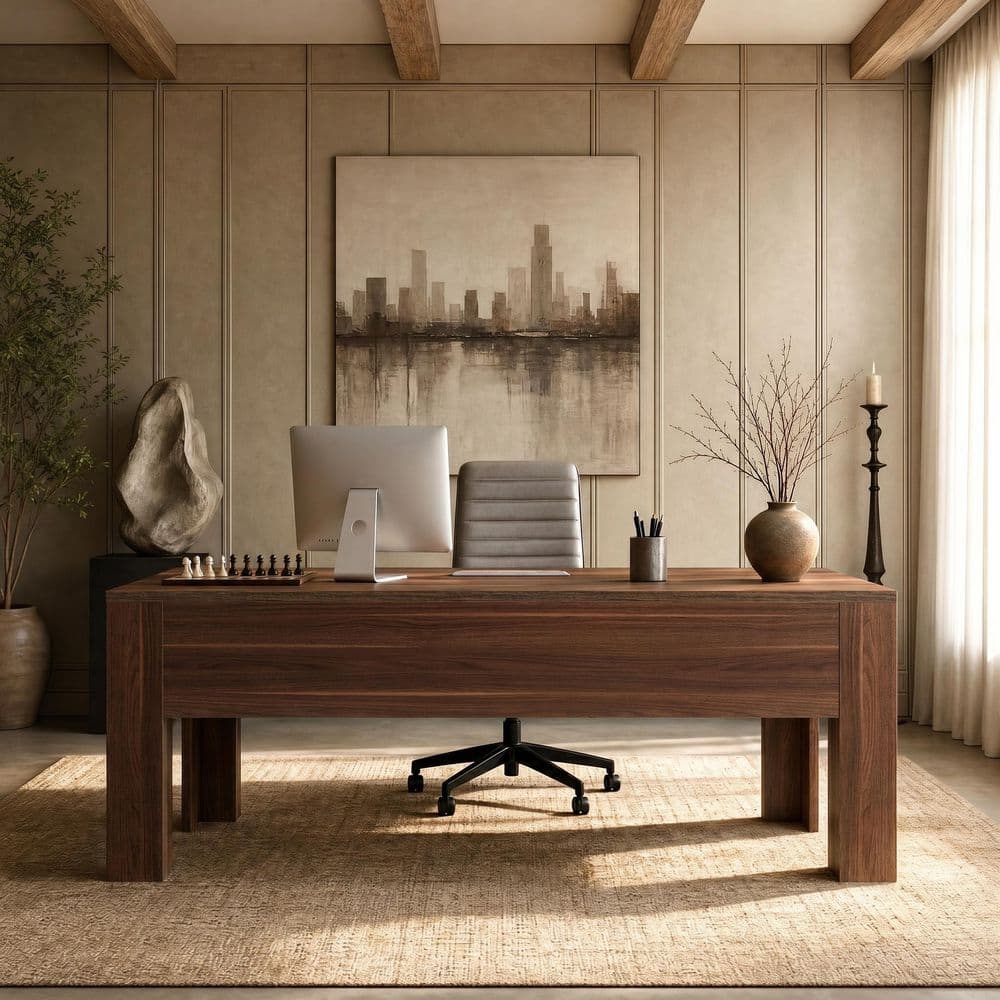 BYBLIGHT Capen 63 in. Rectangular Walnut Wood Computer Desk with