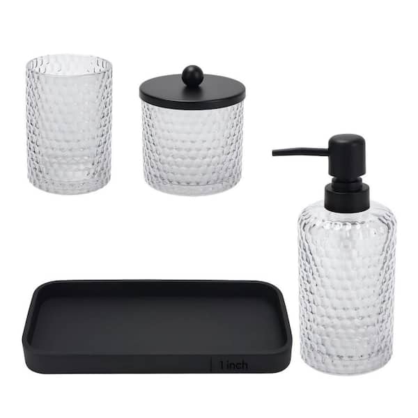 4-Piece Bath Accessory Set with Qtip Holder, Soap Dispenser, Toothbrush Holder, Vanity Tray, Countertop Organizer, Black