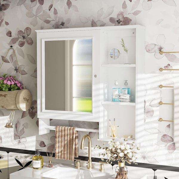 29 in. W x 28 in. H White Rectangular Surface Mount Medicine Cabinet with Mirror, Adjustable Shelves