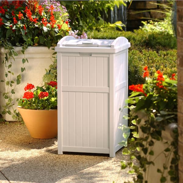 Suncast 33 Gal Resin Taupe Outdoor Trash Can Gh1732 The Home Depot - Outdoor Patio Garbage Can Home Depot