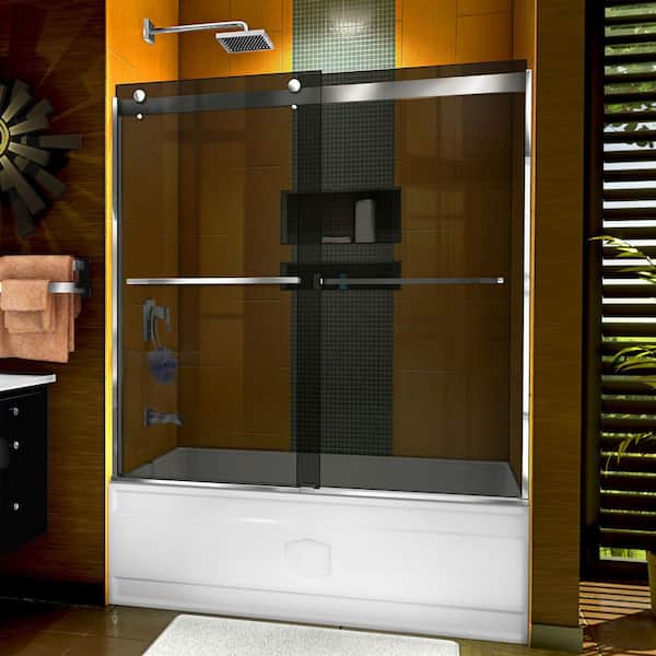DreamLine Sapphire 56 in. to 60 in. W x 60 in. H Sliding Semi Frameless Tub Door in Chrome with Gray Glass