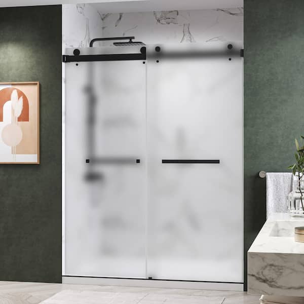 Catalyst 60 in. W x 76 in. H Double Sliding Frameless Shower Door in Matte Black with 3/8 in. Obscure Glass