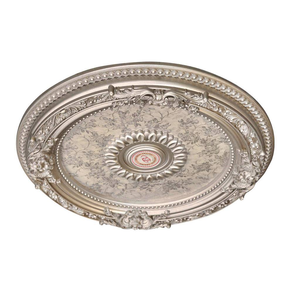 Petite Round Champagne Silver Ceiling Medallion with Floral Pattern