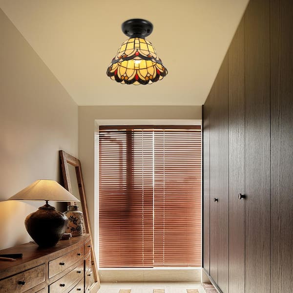 OUKANING 7.87 in. 1-Light Retro Elegant Colored Glass Shade Flush