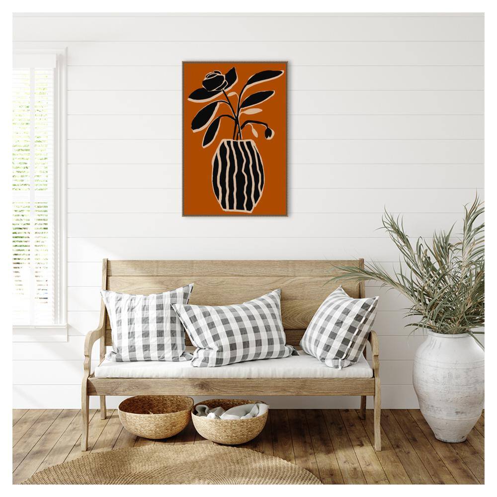 Ochre and Black Abstract Floral Canvas Print with Bronze Frame