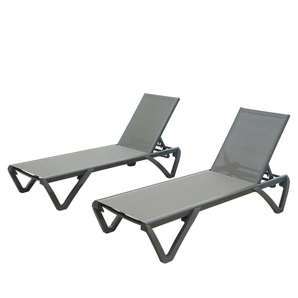 Otryad 2 Pieces Gray Metal Outdoor Chaise Lounge with Adjustable Backrest, Poolside Sunbathing Chair for Yard, Balcony