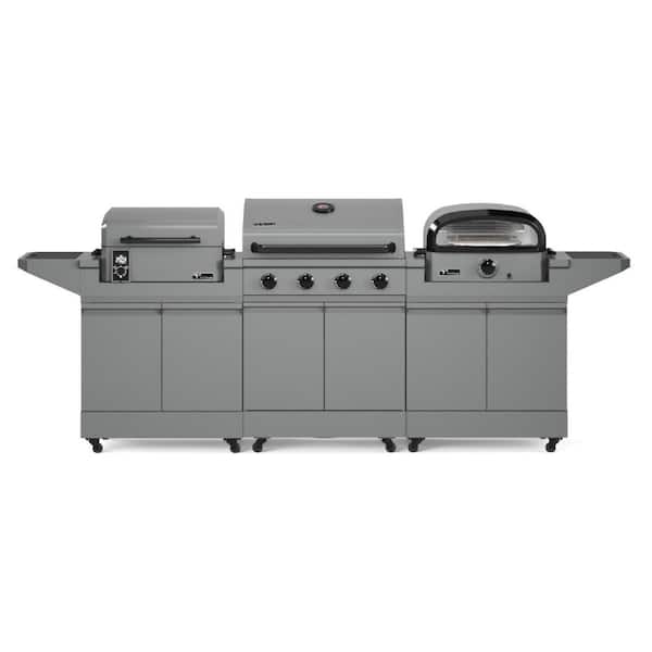 Modular Grilling Island with Anaheim 4-Burner Gas Grill, Pellet Smoker with Cart, and Pizza Oven with Cart in Gray