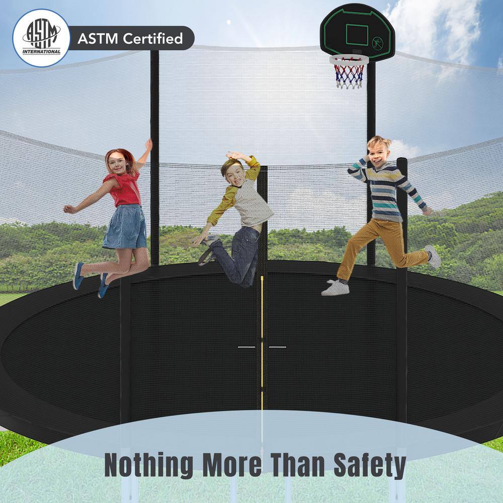 14FT Black Round Trampoline with Safety Enclosure and Basketball Hoop