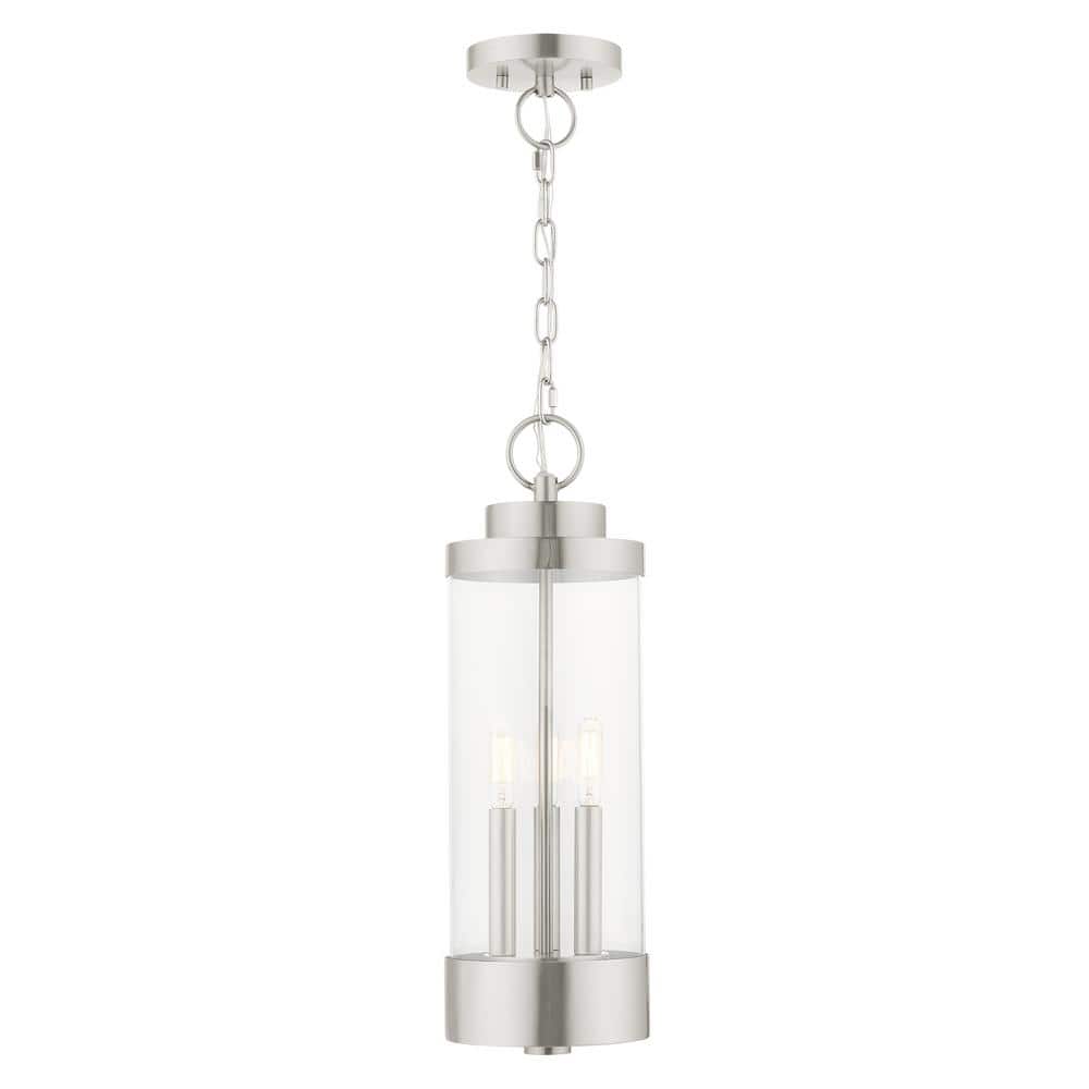 Brushed Nickel 3-Light Indoor/Outdoor Pendant Lantern with Clear Glass
