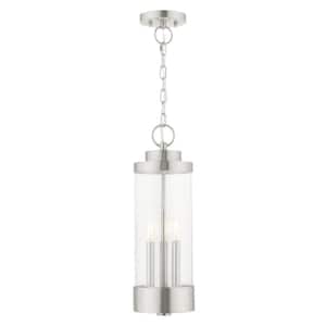 Cavanaugh 20.25 in. 3-Light Brushed Nickel Dimmable Outdoor Pendant Light with Clear Glass and No Bulbs Included