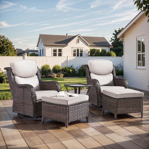3-Piece Brown Swivel Glider Wicker Outdoor Rocking Chair with Beige Cushions and Side Table