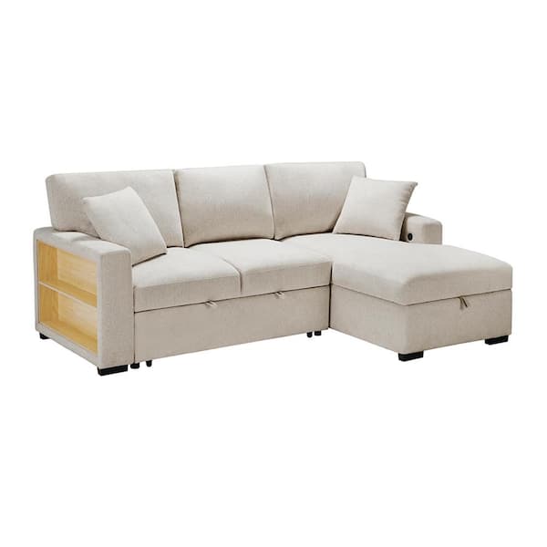 Pegosa 92 in. Straight Arm 2-Piece Boucle Fabric Sectional Sofa in Beige with Right Chaise, Pull-out Bed