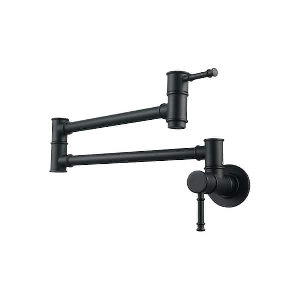 WOWOW 23.5-inch Wall Mount Folding Stretchable Pot Filler with Double Handle in Matte Black