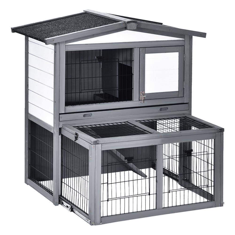 PawHut Wooden 2 Story Rabbit Hutch Bunny Hutch with Slide-Out Run ...