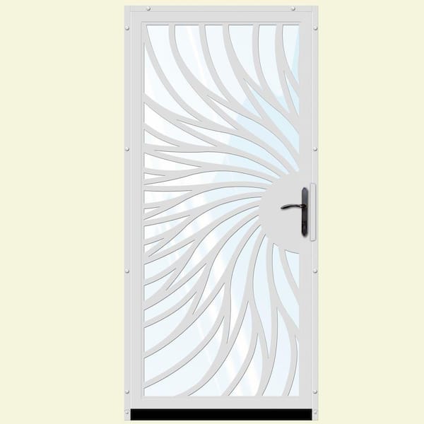 Unique Home Designs 36 in. x 80 in. Solstice White Surface Mount Steel Security Door with Shatter-Resistant Glass and Bronze Hardware