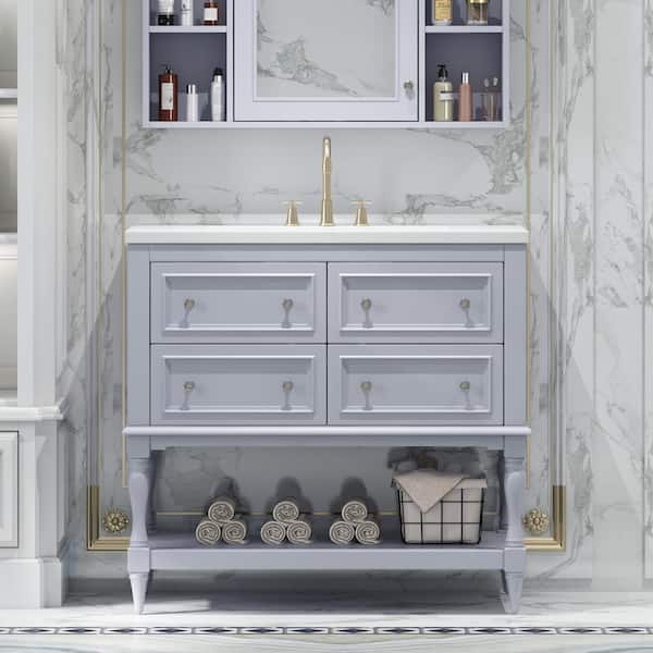 Unbranded 36 in. W x 18 in. D x 34 in. H Single Sink Freestanding Bath Vanity in Blue with White Cultured Marble Top