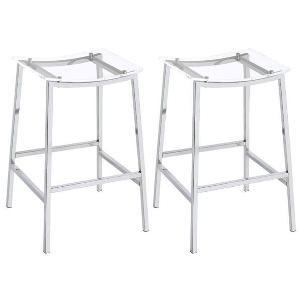 Benjara 28.74 in. Chrome and Clear Backless Metal Bar Stool with Plastic Seat (Set of 2)