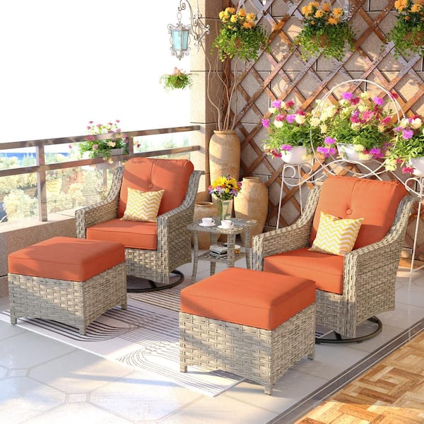 Toject Eureka Grey 5-Piece Modern Wicker Outdoor Patio Conversation Sofa Chair Seating Set with Red Cushions