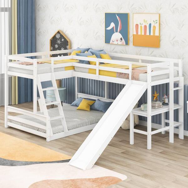 Twin Bunk Loft Bed Over Desk With Ladder Kids Teen Bedroom White Wood Furniture 