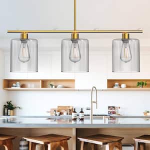 3-Light Gold Modern Kitchen Island Pendant Light Fixtures, Linear Chandelier Hanging Light with Clear Glass Shade