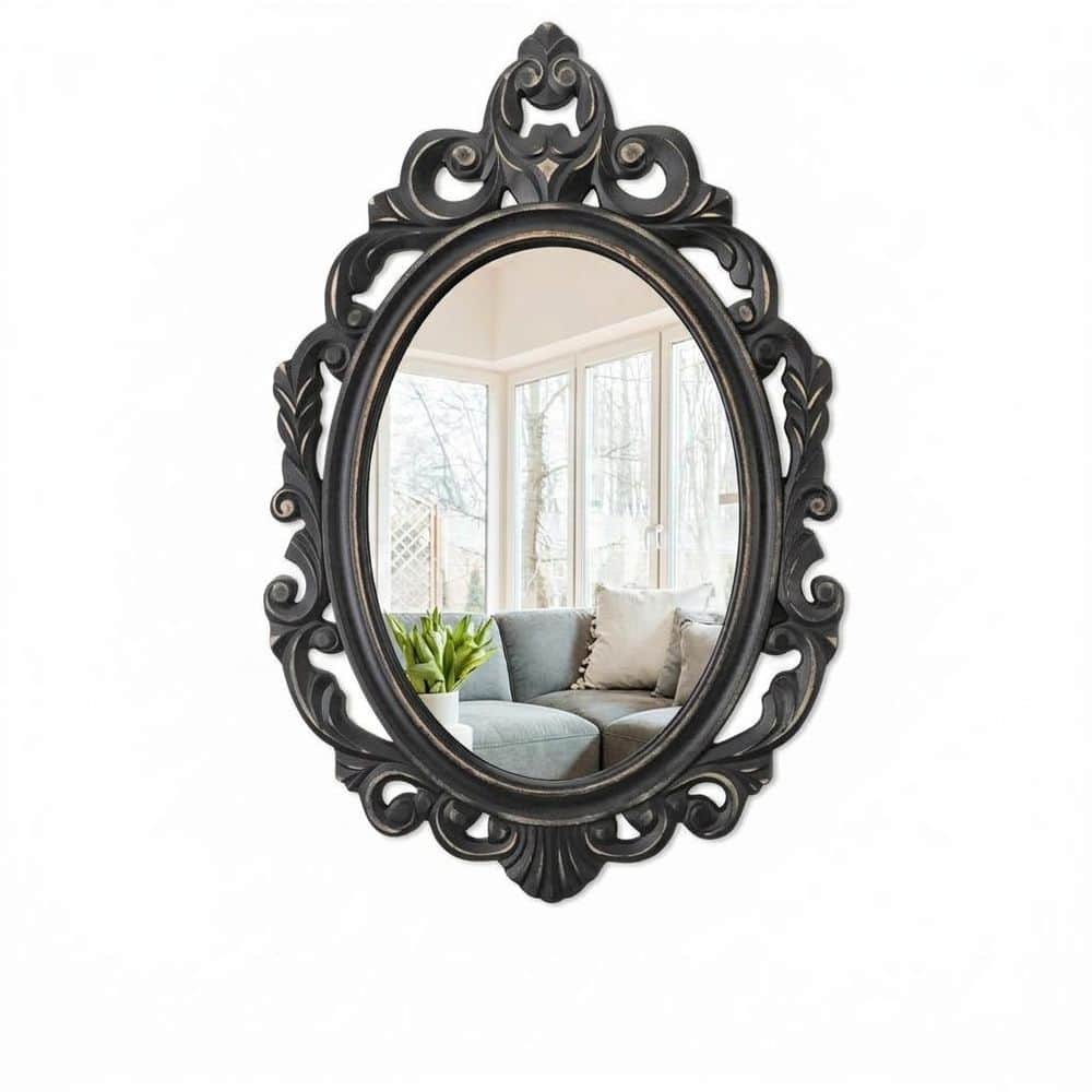 16 in. W x 24 in. H Black Framed Wall Mirror, Oval Baroque Carved Wood Frame, Vintage Traditional Decorative Mirror price history on PriceWatchPro