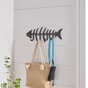 Dark Brown Cast Iron Fishbone Decorative Wall Sculpture Utility Hook Unit with 4 Hooks