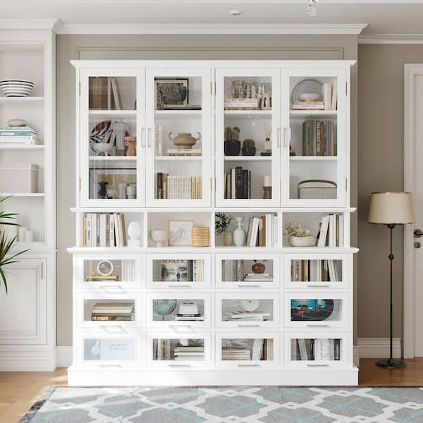78.7 in. Tall White Wood 22-Shelf Standard Bookcase with Glass Doors, Glass Display Cabinet with Storage Cubes