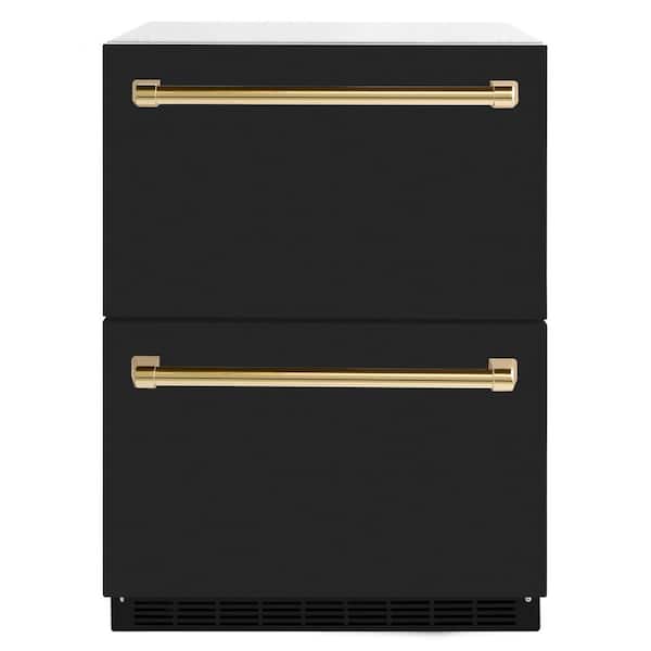 24 in. Autograph Touchstone 168 Can Outdoor Refrigerator Drawer with Black Stainless Doors and Gold Helix Handles