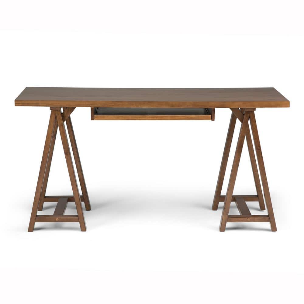 Sawhorse Solid Pine 60" Desk with Keyboard Tray in Medium Saddle Brown