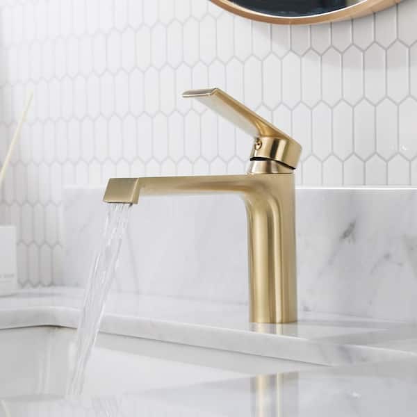 Single Handle Single Hole Bathroom Faucet with Supply Lines and Spot Resistant in Gold