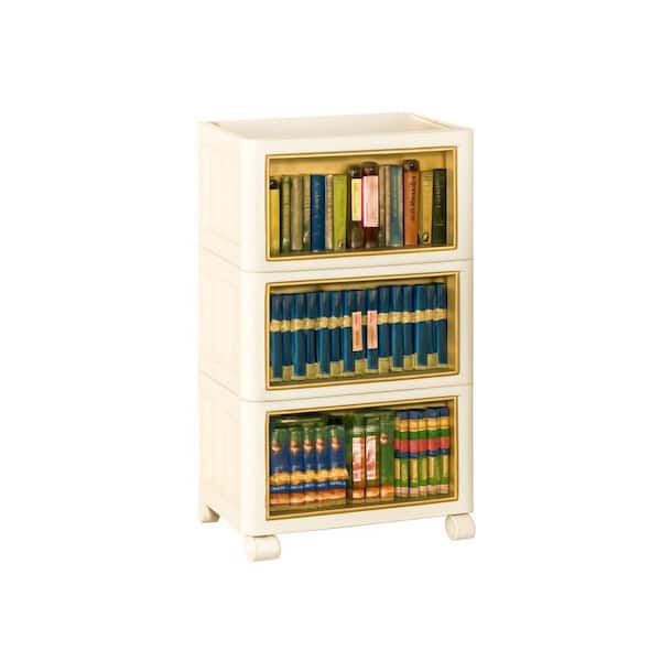 White 31.5 in. H 3 Tiers Folding Collapsible Storage Cabinet with Magnetic Door, Plastic Storage Cabinet with Wheels