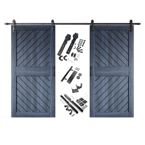 HOMACER XT3 36 in. x 84 in. C-Panel Navy Slanted Stripe Design Double Pine Wood Sliding Barn Door with Hardware Kit