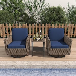 3-Piece Patio Wicker Conversation Set with Blue Cushions and Side Table