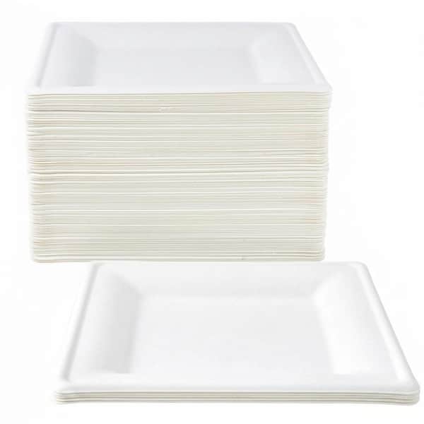 White Compostable Square Bagasse Disposable Plates 10 in. Eco-Friendly and Microwave Safe (Set of 150)