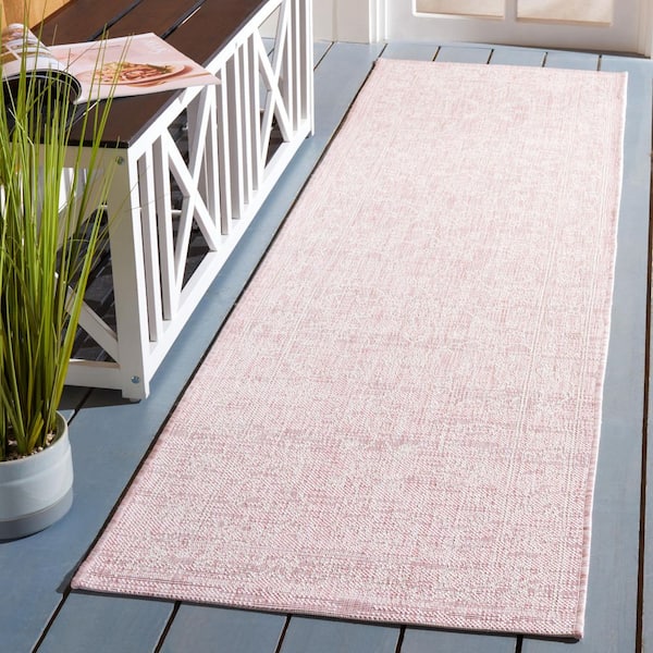Courtyard Soft Pink/Ivory 2 ft. x 8 ft. Border Floral Scroll Indoor/Outdoor Runner Rug