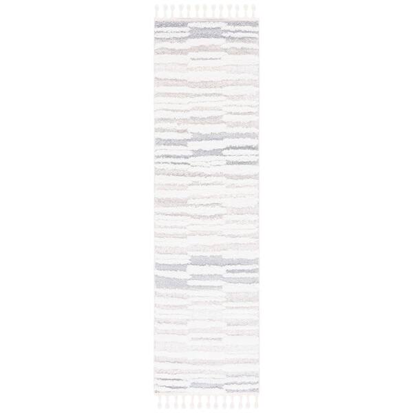 Moroccan Tassel Shag 2 ft. x 10 ft. Beige/Ivory Striped Fringe Runner Rug