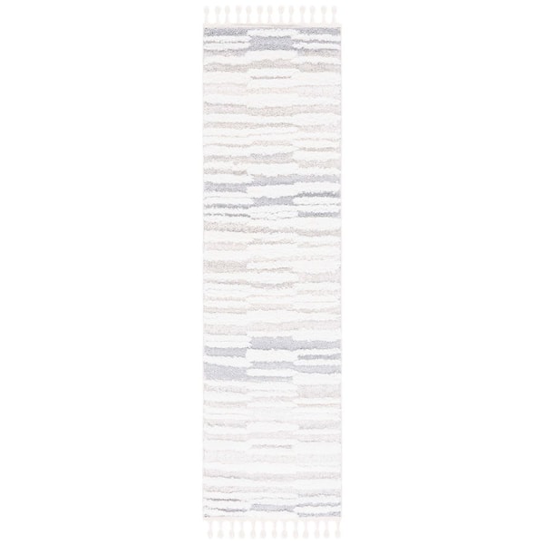 Moroccan Tassel Shag 2 ft. x 8 ft. Beige/Ivory Striped Fringe Runner Rug